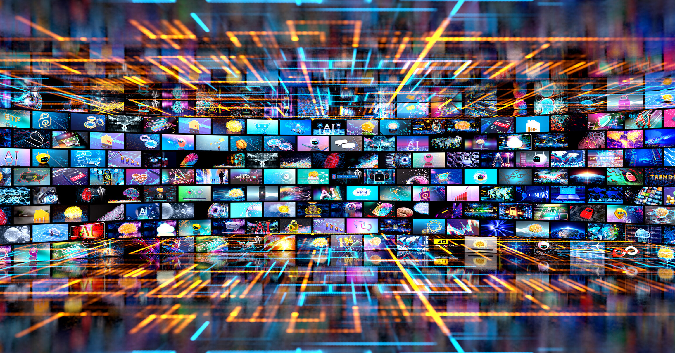 Mehrere Bildschirme zeigen Streaming-Inhalte und digitale Datenströme